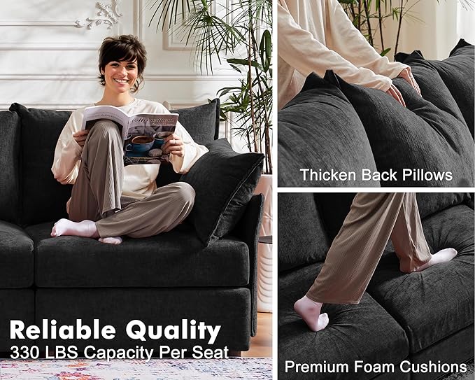 135.5" Oversized Modular Sectional Sofa, L Shaped Convertible Couch with Movable Ottoman, 5 Seat Corner Couches for Living Room Deep Seat Black Chenille