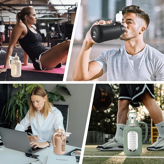 64 oz Glass Water Bolttles Half Gallon Large Motivational Water Bottle with Time Marker Sports Water Bottles with Silicone Sleeve and Handle Lid Water Jug for Gym Workout-1 Pack