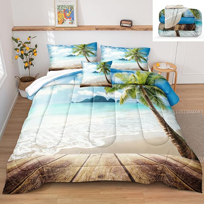 Bedbay Beach Theme Comforter Set Twin Size Tropical Bedding Twin Size Palm Tree Comforter Set Boys Girls Sunny Beach Coastal Bedding Down Comforter Set Soft Microfiber 3 Pcs Quilt Set(Beach,Twin)