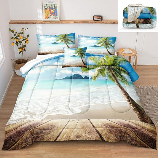 Bedbay Beach Comforter Set California King Ocean Themed Bedding Comforter Tropical Palm Tree Sunny Beach Coastal Bedding Set 4 Pieces for All Season(104" Wx96 L)
