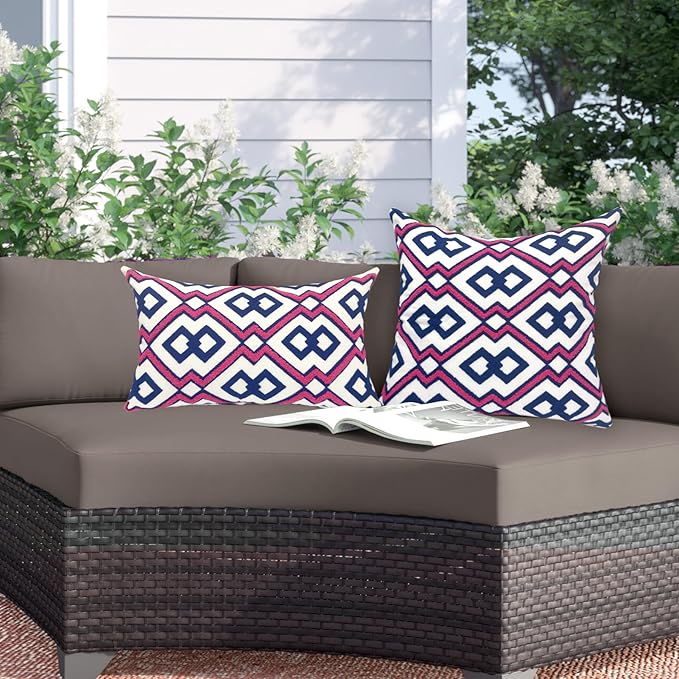 Alysheer Embroidered Decorative Throw Pillow Cover 18"x 18" Set of 2, Classic Boho Geometric Embroidery Pattern Cotton Rectangular Cushion Case for Sofa Couch Living Room Bedroom (Blue Pink)