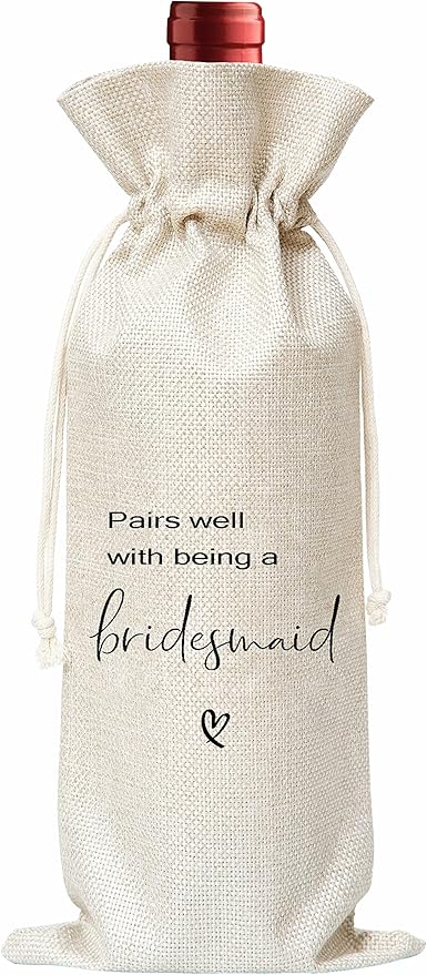 Bridesmaid Gifts Wine Bag - Gift For Bridesmaids, Bridal Shower, Engagement, Bachelorette Party Favor - Cotton Burlap Wine Bag (1 Pcs) - WB032