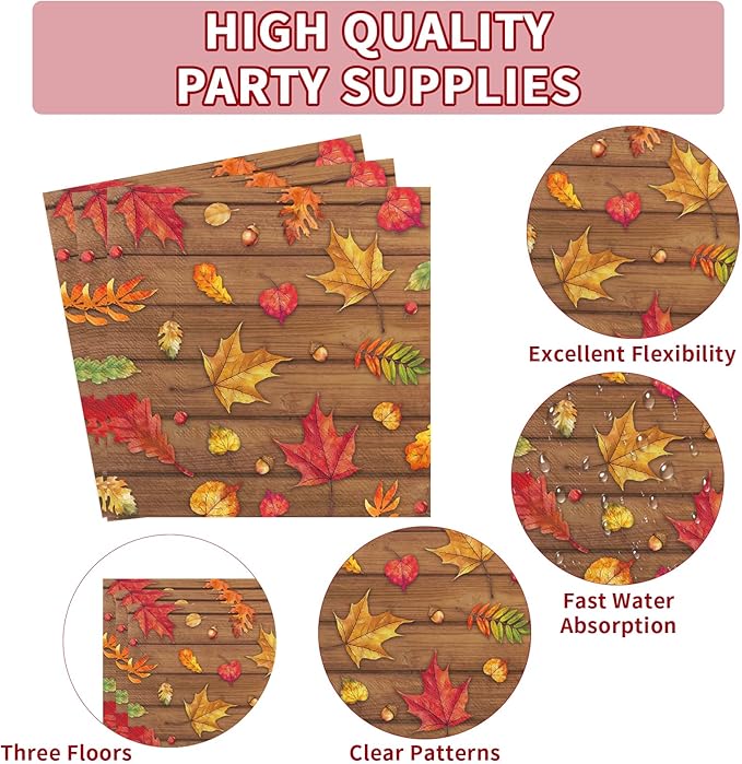 200Pcs Fall Party Decorations Watercolor Autumn Maple Leaves Paper Plates and Napkins Thanksgiving Wooden Grain Tableware Sets for Holiday Harvest Birthday Wedding Dinner Party Supplies Serves 50