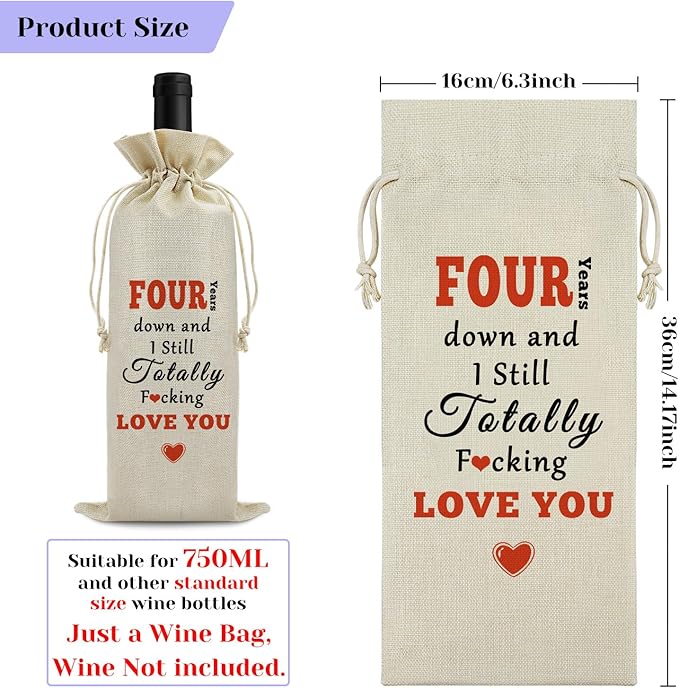 4th Anniversary Marriage Gift for Wife Husband Wine Bag 4 Years Anniversary Wedding Gift for Couples Burlap Wine Bag 4th Anniversary Birthday Christmas Valentine Gift for Her Him Wine Gift Bag
