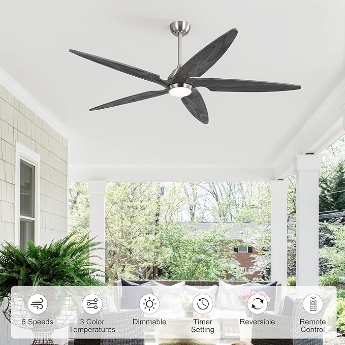54 Inch Modern Ceiling Fan with Lights and Remote, 5 Wood Blades, 6-Speed Noiseless Reversible DC Motor with Replaceable Downrods for Bedroom Living Room Dining Room, Nickel and Gray