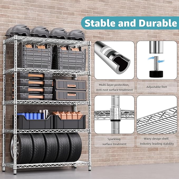 1750 LBS Storage Shelves 5-Tier Utility Shelving Unit Steel Organizer Wire Rack for Home,Kitchen,Office,Garage, Capacity 17.7" D x 47.2" W x 72.3" H