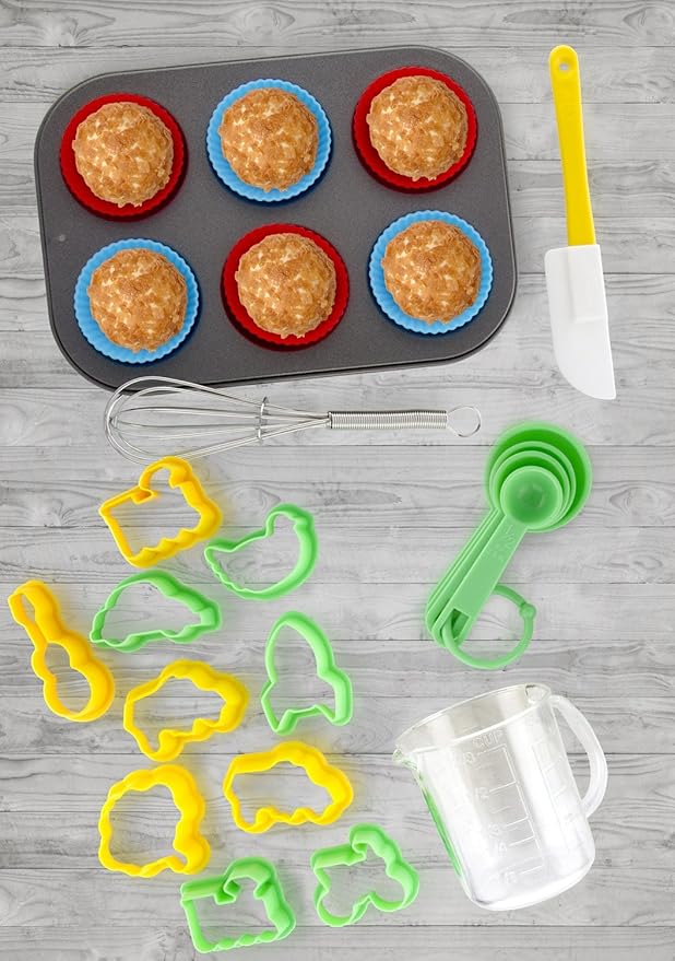 Boxiki Kitchen 24 PCS Kids Baking Set Includes 1 Muffin Pan, 6 Silicone Cupcake Liners, 10 Cookie Cutters, Spatula, Egg Whisk, Mini Measuring Cup and 4 Measuring Spoons.