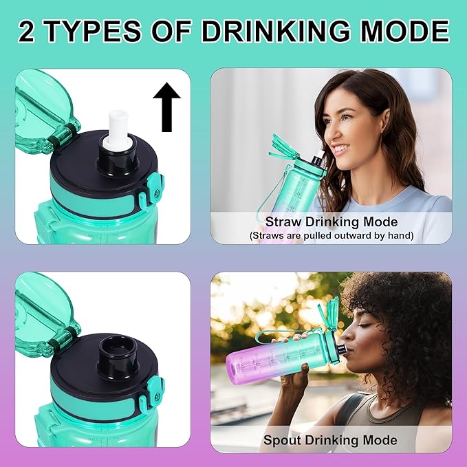 32 oz Water Bottle with Detachable Straw, Clear Motivational Water Bottles with Time to Drink, Tritan & BPA Free Sports Water Jug with Time Marker, Upgraded handle design