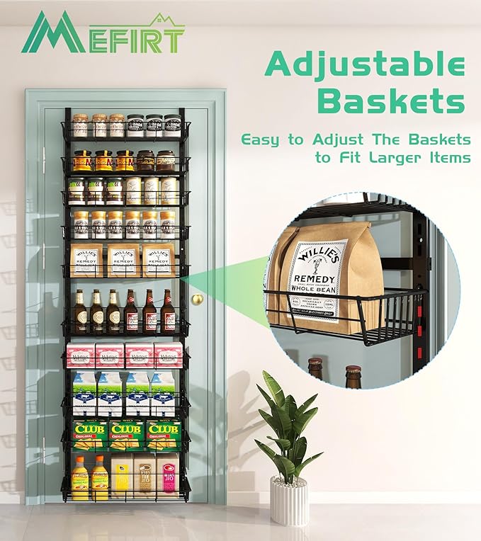 10-Tier Over The Door Pantry Organizer, Pantry Organization and Storage, Black Metal Hanging Adjustable Basket, Wall Spice Rack Seasoning Shelves, Home & Kitchen Essentials
