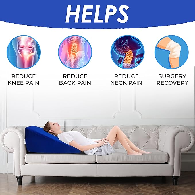 Bed Wedge Elevator for Acid Reflux, Sleeping, Posture Control, Surgery Recovery, 7.5 inch Lift. Royal Blue Polyester Cover