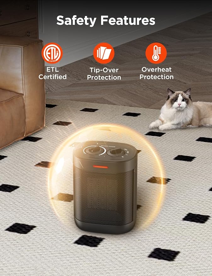 1000W Small Space Heater for Indoor Use, 2S Fast Heating, PTC Ceramic Electric Space Heater with 3 Modes, Thermostat, Overheated & Tip-Over Safety Protection, Portable Heater for Office and Bedroom