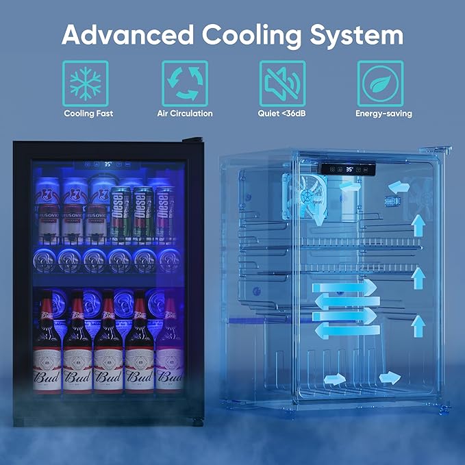 2.5 Cu.Ft Wine Fridge, Mini Fridge With Glass Door, Wine Cooler Refrigerator, Beverage Drink Beer Cooler, Adjustable Shelves & Digital Temperature Display, 22 Bottle 95 Can