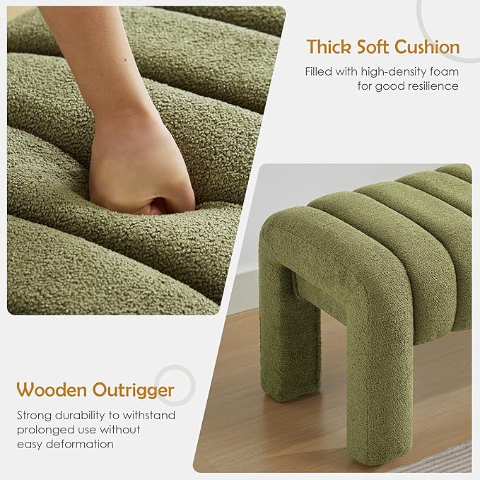 63" Bedroom Bench, Upholstered Entryway Bench, Modern End of Bed Ottoman with Solid Wood Legs and Adjustable Foot Pegs for Entryway, Dining Room and Living Room, 440lbs (Green Boucle)