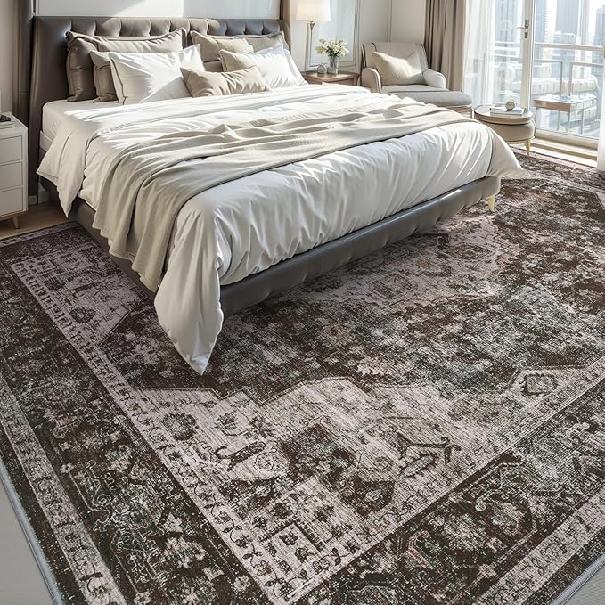 AMOAMI-Area Rug 9X12 Rugs for Living Room-Vintage Soft Brick/Brown Rugs for Bedroom-Non Slip Carpet-Washable Rug for Dining Room Living Room Bedroom Office Under Table