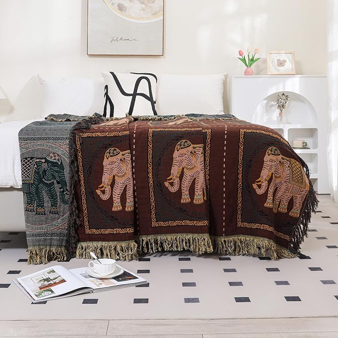Boho Throw Blanket for Bed with Tassels,100% Cotton Ultra Soft and Cozy Large Blanket Elephant Printed Farmhouse Decor Bed Blankets,60"×80" All Season Rustic Throw for Sofa Couch Chair-Brown