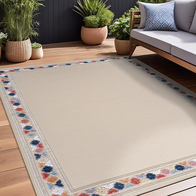 Beverly Rug Outdoor Rug 6x9 Modern Bordered Area Rugs for Indoor and Outdoor Patio Easy to Clean Non Shedding Living Room Porch Garden Washable Outside Carpet (6 x 9 Beige)