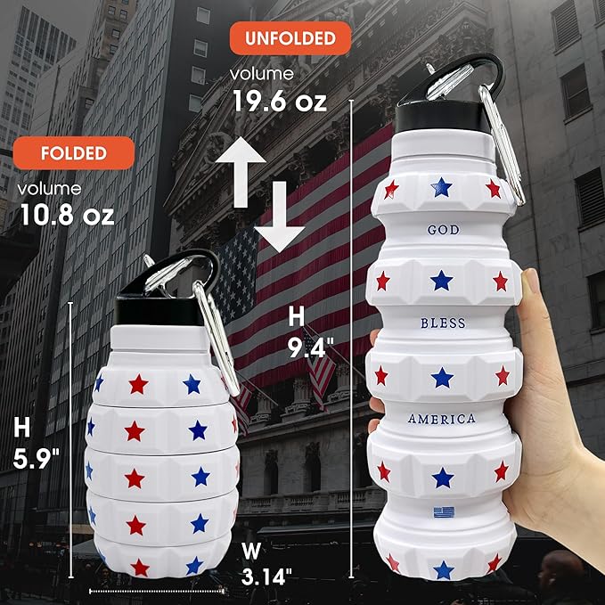 American Flag Collapsible Water Bottle 19.6 oz - US Flag Leak Proof Water Bottle - Patriots Gifts for Men Women - Silicone & Reusable - Independence Day Patriotic Accessories - God Bless America Decor