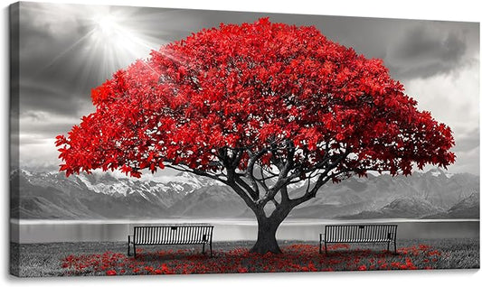 AJAZIKO Red Wall Art - Modern Framed Wall Art for Living Room - Red Tree Black and White Landscape Canvas Prints Posters & Prints for Home Office Bedroom Decorations - Large Wall Pictures 20×40IN