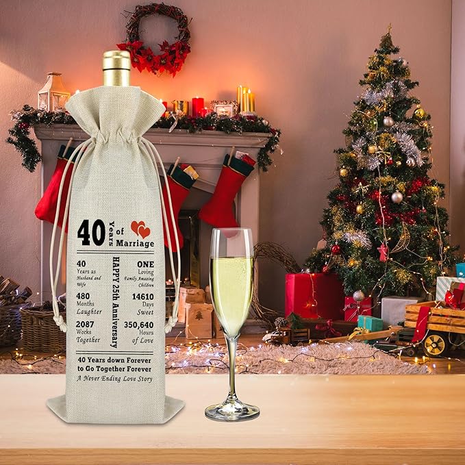 40th Anniversary Wedding Gift for Couple Wine Gift Bag 40 Years of Marriage Gift for Husband Wife Burlap Wine Wrap Bag Anniversary Keepsake Gift Wedding Gift for Grandparents Friend Valentine Gift