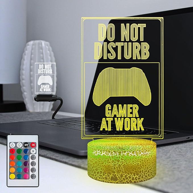 3D Visual Game Room illusion Desk Lamp Do Not Disturb Gamer At Work Slogan 16 RGB Color Change USB Charge Base Touch Remote Control Boy Gift Decoration Acrylic with Stand