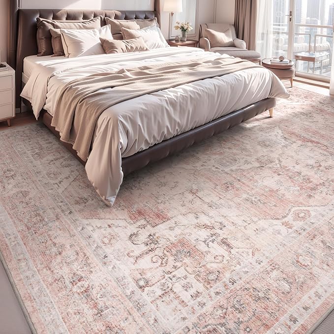AMOAMI-Area Rug 9X12 Rugs for Living Room-Vintage Soft Pink Rugs for Bedroom-Non Slip Carpet-Washable Rug for Dining Room Living Room Bedroom Office Under Table