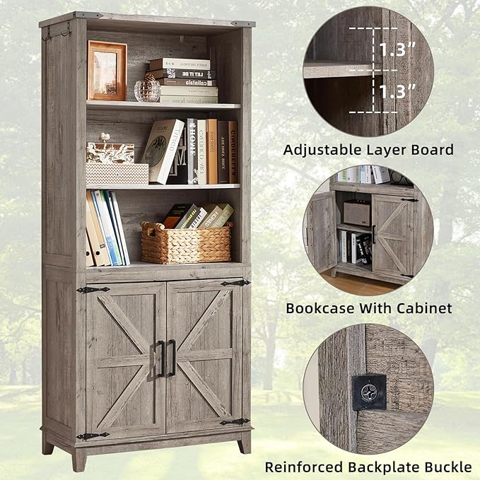 5 Tier Bookshelf 70in Tall Bookcase with Barn Doors and Storage Cabinet, Grey Farmhouse Book Shelf with Adjustable Shelves, Wood Freestanding Display Bookshelves for Bedroom, Kitchen (3PCS)