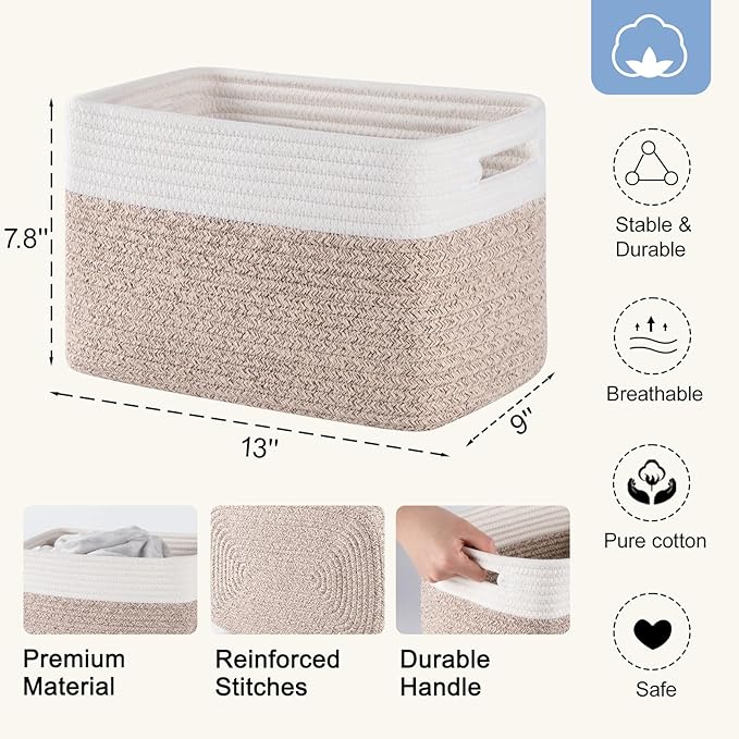 4 Pack Storage Baskets for Organizing, Woven Baskets for Shelves - Perfect for Toys, Books, Towels, and Clothes, Durable Gift Basket Bins Toy Storage, 12.7''Lx9''Wx7.8''H, Brown & White