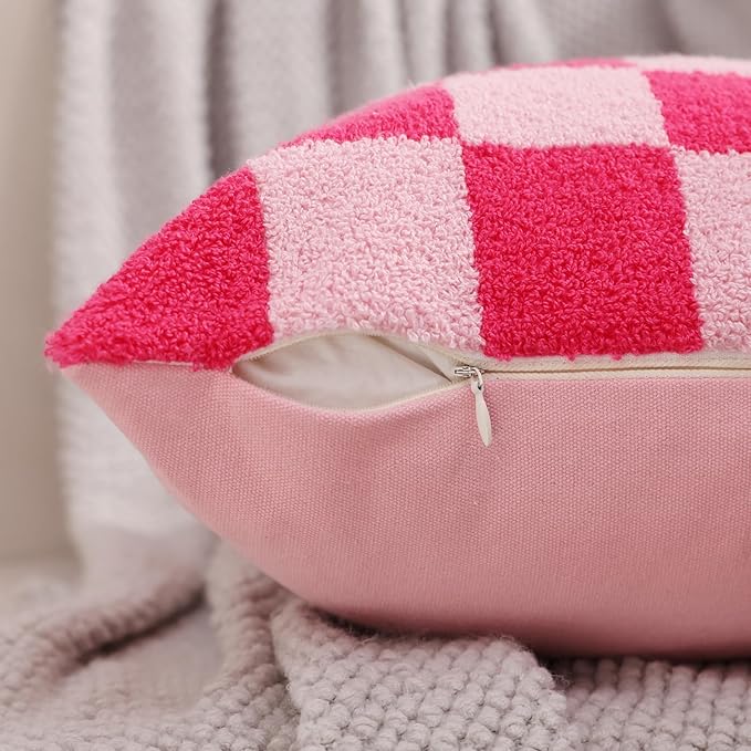 Alysheer Checkered Embroidered Decorative Throw Pillow Covers 18"x 18" Set of 2, Farmhouse Cottage Hot Pink Plaid Tufted Patterned Cotton Canvas Cushion Case for Sofa Couch Bed Living Room