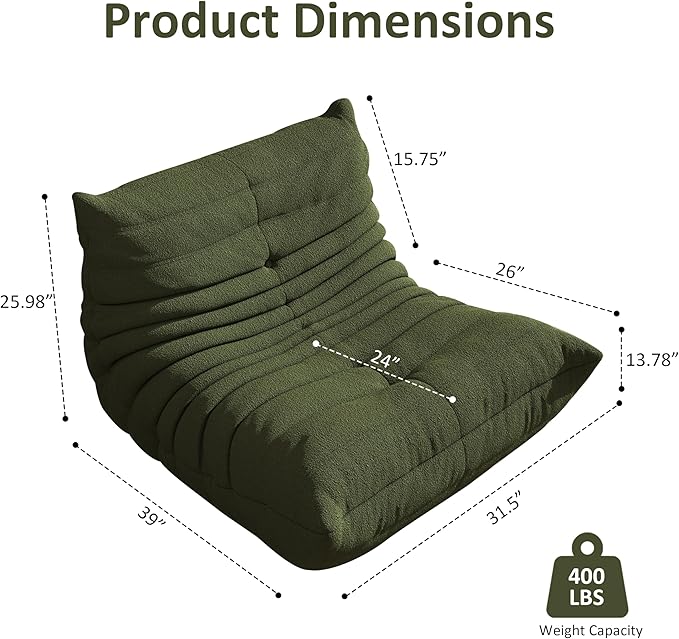 Bean Bag Chair, Oversized Bean Bag Chair for living Room, Fireside Chair for adults with Memory Foam Filled, Big Accent Sofa Lounge Floor Sofa for Gaming, Reading, Relax, No Assembly Required. (Green)