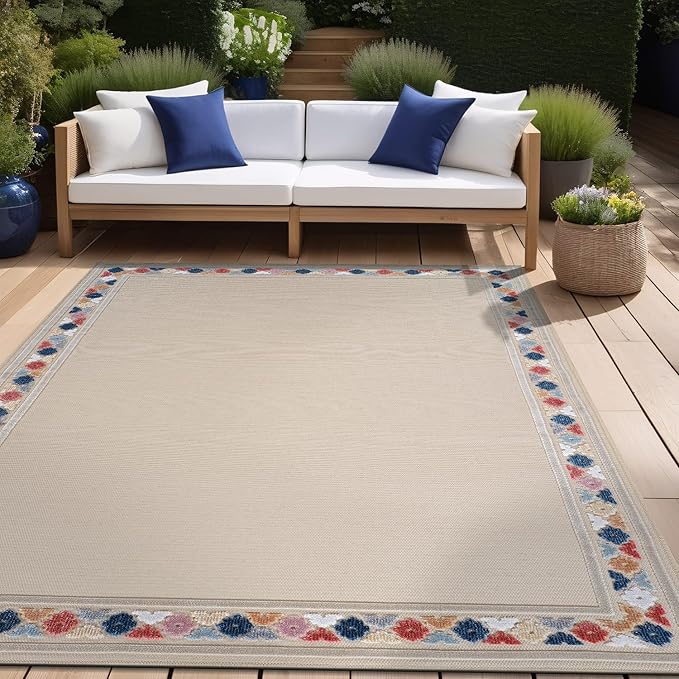Beverly Rug Outdoor Rug 9x12 Modern Bordered Large Area Rugs for Indoor and Outdoor Patio Easy to Clean Non Shedding Living Room Porch Garden Washable Outside Carpet (9 x 12 Beige)