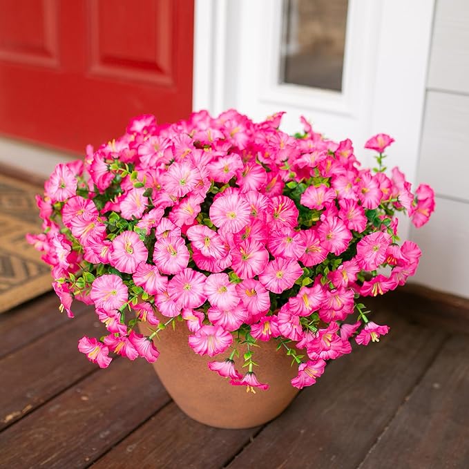 Artificial Flowers for Outdoors Fake Plants Outside Decoration, 12 Bundles Silk Pink Morning Glory with Eucalyptus UV Resistant Look Real Faux Flowers for Planter Front Door Yard Gardens Home