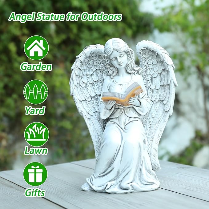 Angel Statue Outdoor Decor, Elegant Angel Garden Statues Reading Book with Solar LED Lights Yard Decorations Lawn Ornaments Figurines Resin Sculpture for Outside, Angel Gardening Gifts