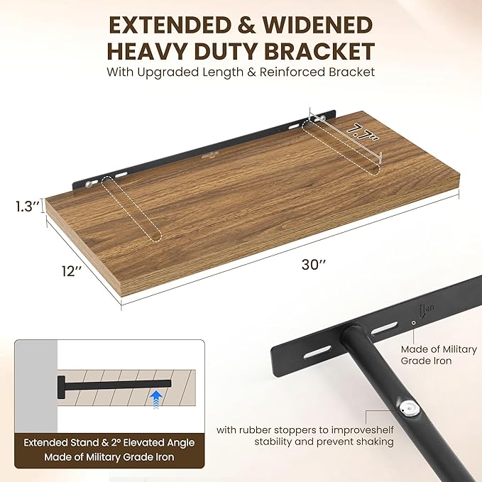 30" Floating Shelves for Wall, 12" Deep Slim Walnut Floating Shelves, Wall-Mounted Shelves for Bedroom, Living Room, Kitchen, Bathroom - Set of 2