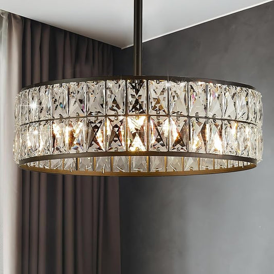 16” 4-Light Modern Crystal Chandeliers Black Dinning Room Light Fixture with Two Rods, Round Pendant Light Kitchen Island Chandelier, Flush Mount Ceiling Light for Living Room Entryway