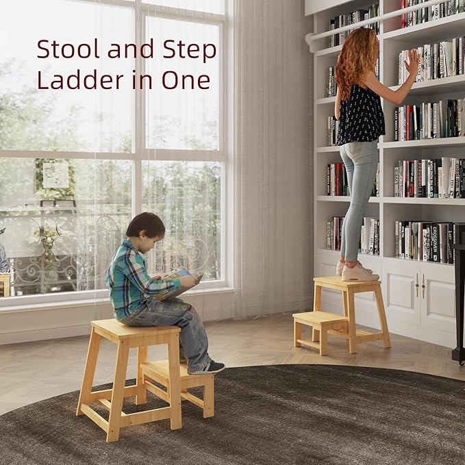 Bamboo Folding Step Stool with Sturdy Structure and Wide Stepping Surface for Safety, Multi-Purpose Foldable Step Stool, Step Ladder for Bathroom,Bedroom,Kitchen Step Stools for Adults 350 lbs