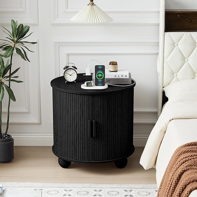 AVZEAR 24" Large Round End Table with Charging Station, Farmhouse Fluted Sofa Side Table with Sliding Tambour Door & Storage, Mid-Century Wood Nightstand for Living Room, Bedroom, Black