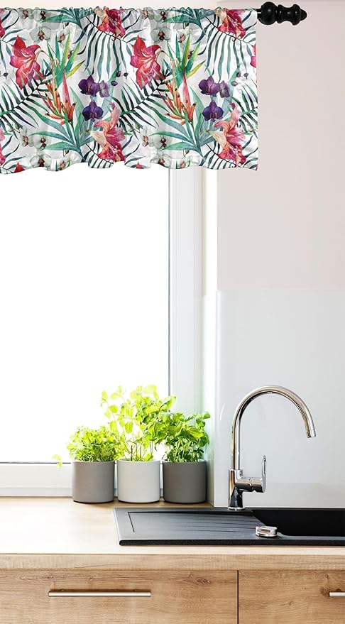 Ambesonne Watercolor Flower Window Valance, Tropical Wild Orchid Flowers with Palm Leaves Print Exotic Style Nature, Curtain Valance for Kitchen Bedroom Decor with Rod Pocket, 42" x 12", Multicolor