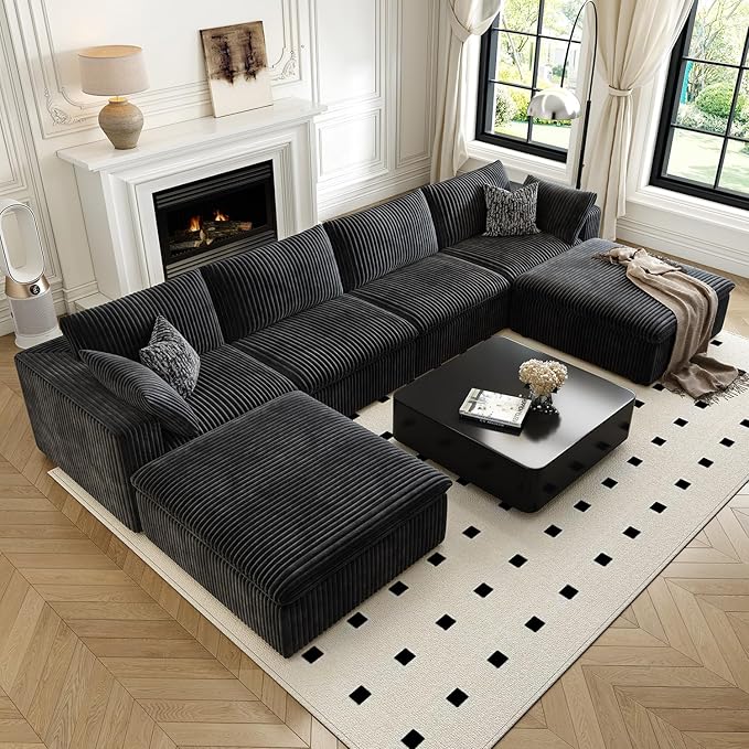 157.5" Cloud Couch Oversized Modular Sectional Sofa for Living Room,Modern Sofa with Deep Seat，U-Shape Boneless Couch with 2 Ottoman,Comfy Upholstered Couches for Apartment, Studio, Office,Black