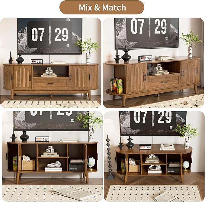 63" Fluted TV Stand for Tvs up to 70", Mid-Century Modern Entertainment Center with Drawers and Fluted Doors, Curved TV Media Console Table with Sliding Doors for Living Room, Bedroom (63")