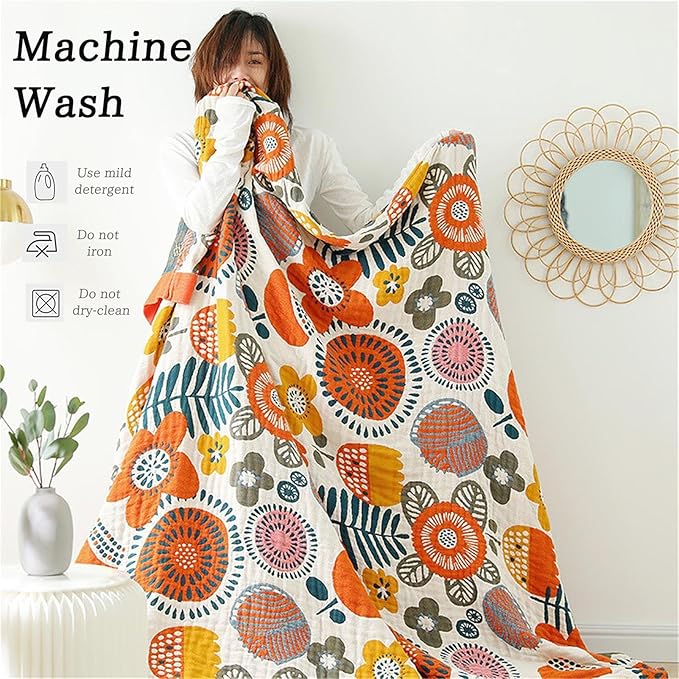 Boho Throw Blanket 60''x80'' for Bed Couch, Floral Muslin Bed Blankets Boho Quilt Travel Mexican 100% Cotton Super Soft Summer Blanket Picnic Blankets