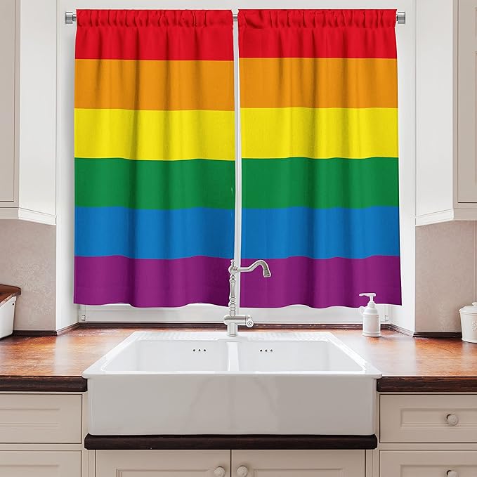 Ambesonne Pride Long Kitchen Curtains, Horizontal Orange Green Colored Flag of Gay Parade Freedom Equality Love Passion Theme, Two Panels Drapes with Rod Pocket Room Decor, 55" x 45", Orange Green