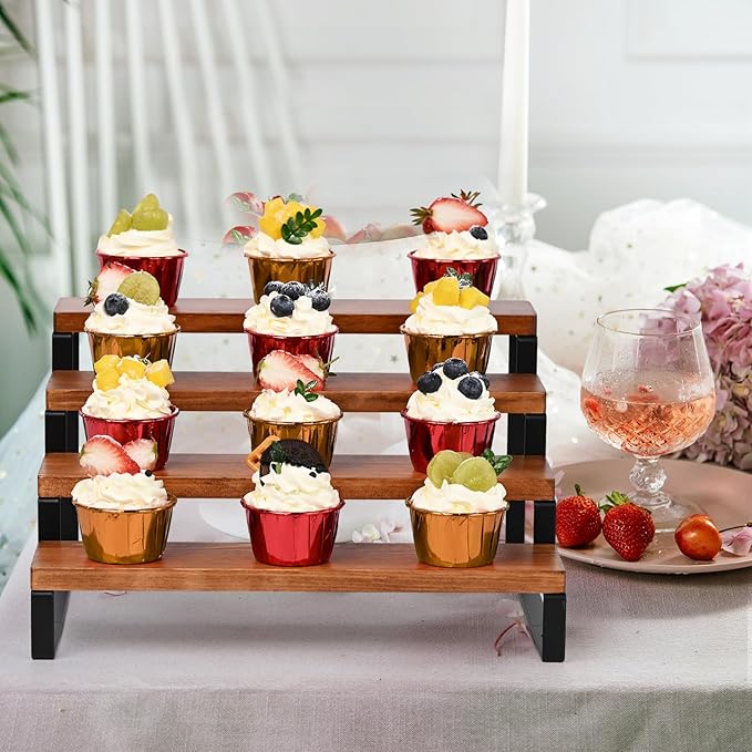4 Tier Wooden Display Riser Stand Perfume Organizer with Metal Stand, Dessert Table Display Set, Food Display Stands for Party, Brown Rustic Solid Wood Shelf for Cupcakes, Perfume, Cologne, Spiece