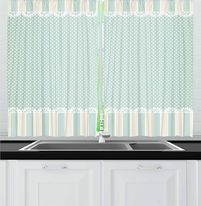 Ambesonne Shabby Flora Kitchen Curtains, Traditional Old Fashioned Vertical Stripes Ornaments and Dots, Window Drapes 2 Panel Set for Kitchen Cafe Decor, 55" x 36", Green White
