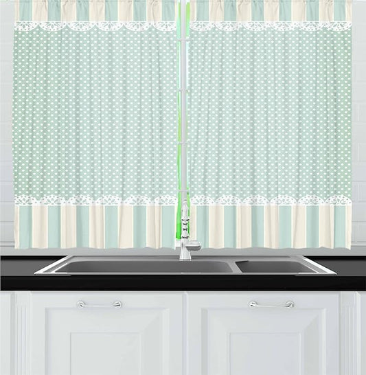 Ambesonne Shabby Flora Kitchen Curtains, Traditional Old Fashioned Vertical Stripes Ornaments and Dots, Window Drapes 2 Panel Set for Kitchen Cafe Decor, 55" x 36", Green White