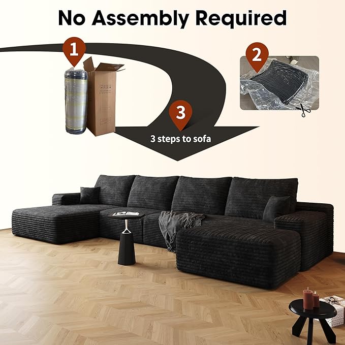 136" Sectional Couches for Living Room Modern Modular Sofa with L-Shape Couchs Upholstered Boneless Couch Deep Seat Sectional Couch with Chaise (Black, Left Facing Chaise+3Seaters+Ottoman)