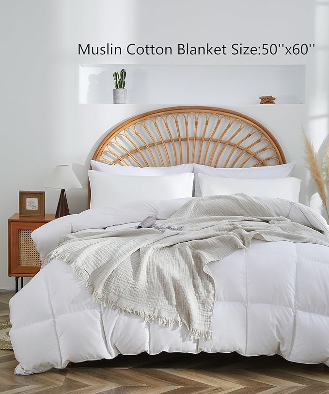 100% Cotton Muslin Throw Blanket for Bed, Couch, Small, Decorative, Soft, Pre-Washed, Breathable and Lightweight Gauze Blanket with Fringes, Suitable for All Seasons, Linen Grey, 50"x60"