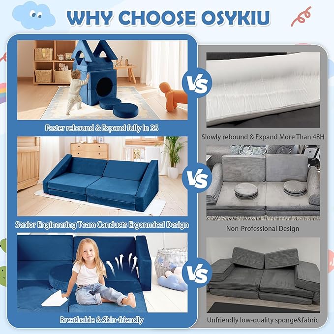 2024 New Modular Kids Play Couch, 12pcs Toddler Sofa Couch Building Fort, Versatile 300+DIY Creativing Playroom Bedroom Furniture for Toddlers. Convertible Kids Sofa and Cushion for Boys and Girls