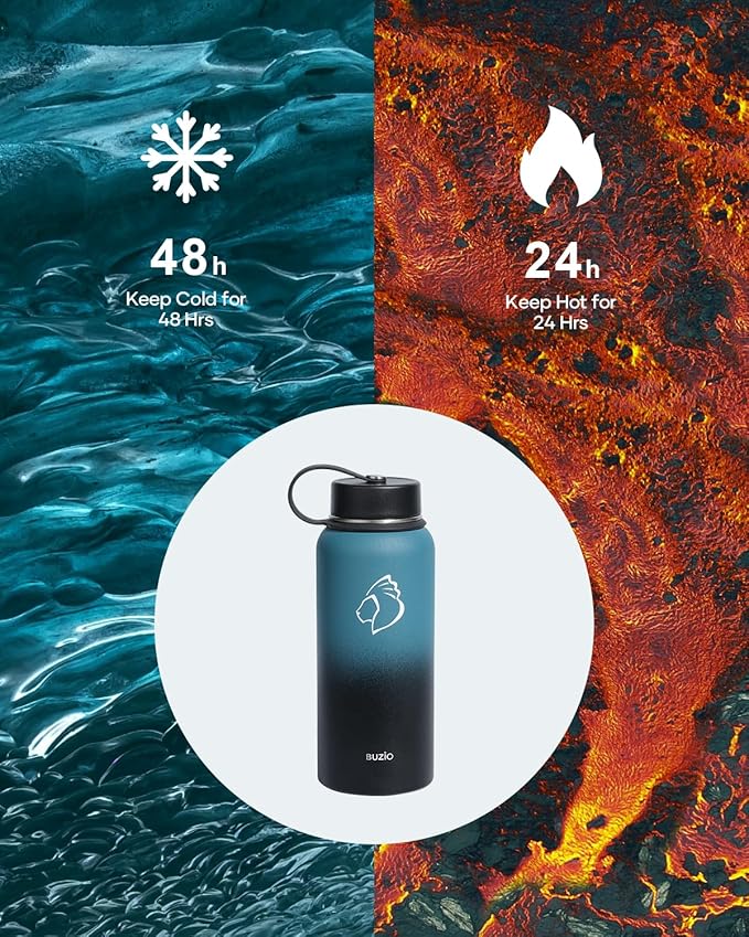 BUZIO Water Bottle with Straw Lid and Flex Cap, 32oz Modern Double Vacuum Stainless Steel Water Flask, Cold for 48 Hrs Hot for 24 Hrs Simple Thermo Canteen Mug, Indigo Black
