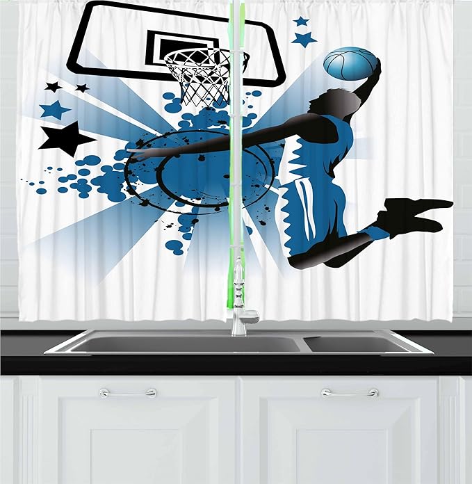 Ambesonne Teen Room Kitchen Curtains, Silhouette of Basketball Player Jumping Success Stars Illustration, Window Drapes 2 Panel Set for Kitchen Cafe Decor, 55" x 30", Blue Charcoal