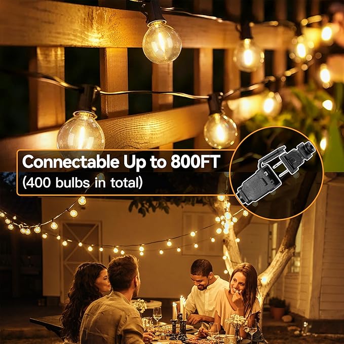 50FT Outdoor String Lights with Remote Dimmer, 25+2 Led Bulbs Connectable Dimmable Outdoor Lights, Support Timer Waterproof Shatterproof for Patio Yard Porch Deck